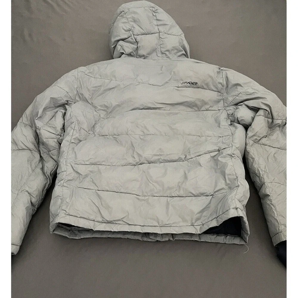 Spyder Puffer Hooded Jacket Boys Large 14/16 Gray Thermaweb Nylon‎ Thumb Holes